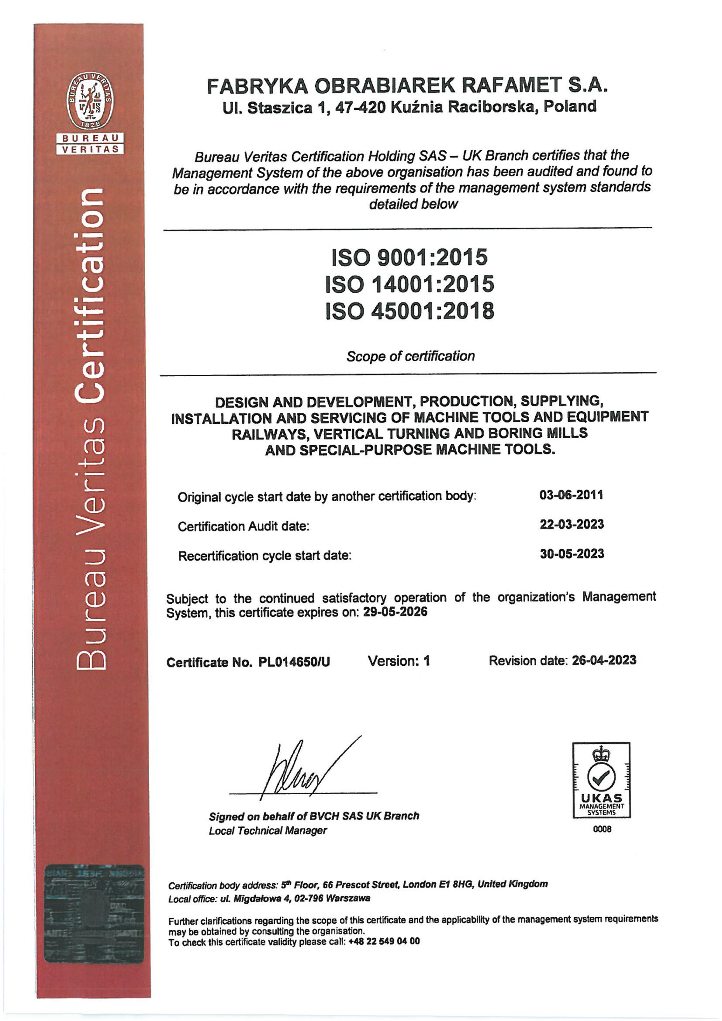 certificate ISO 9001 14001 45001 2023 2026 EN