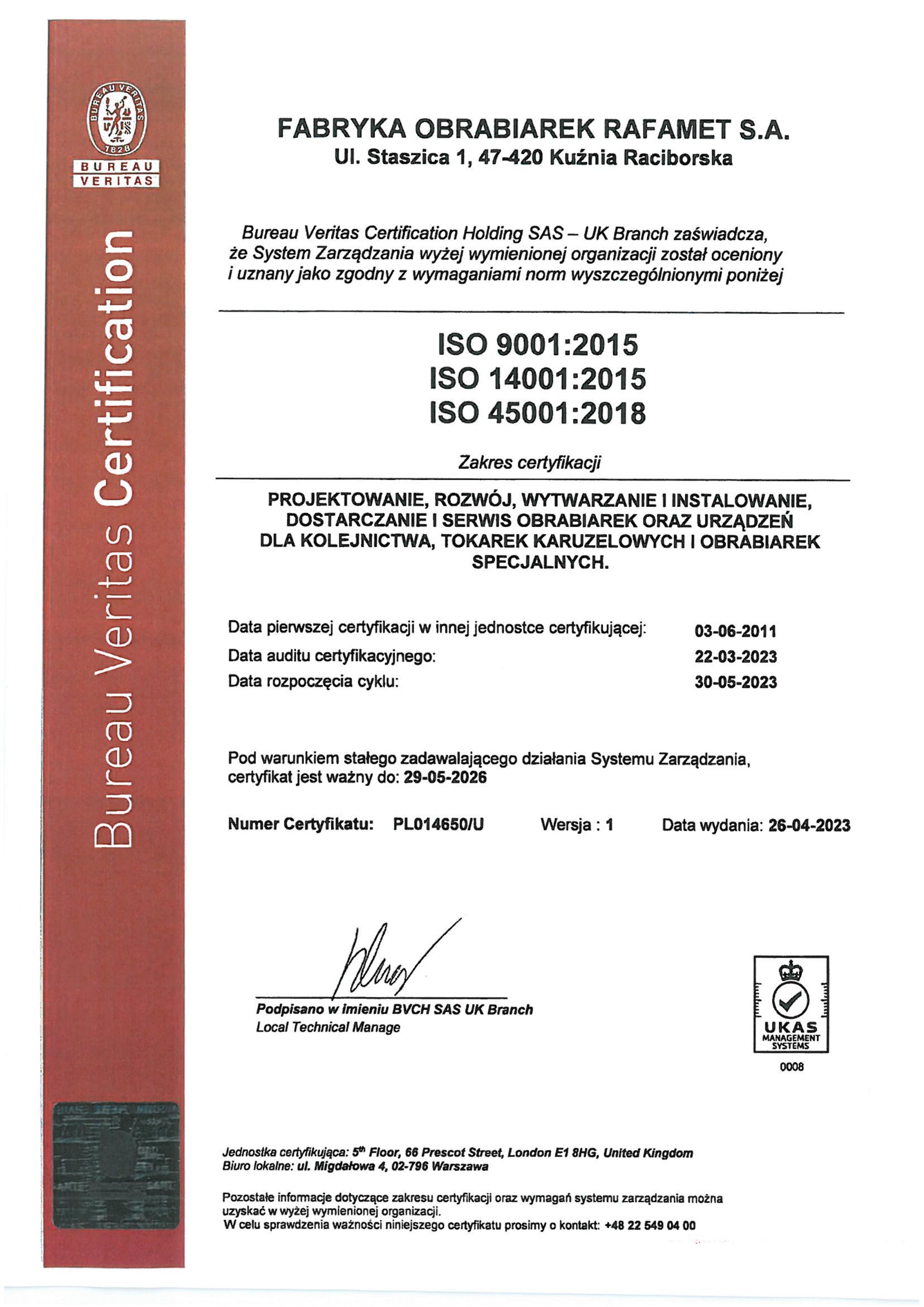certyfikat ISO 9001 14001 45001 2023 2026